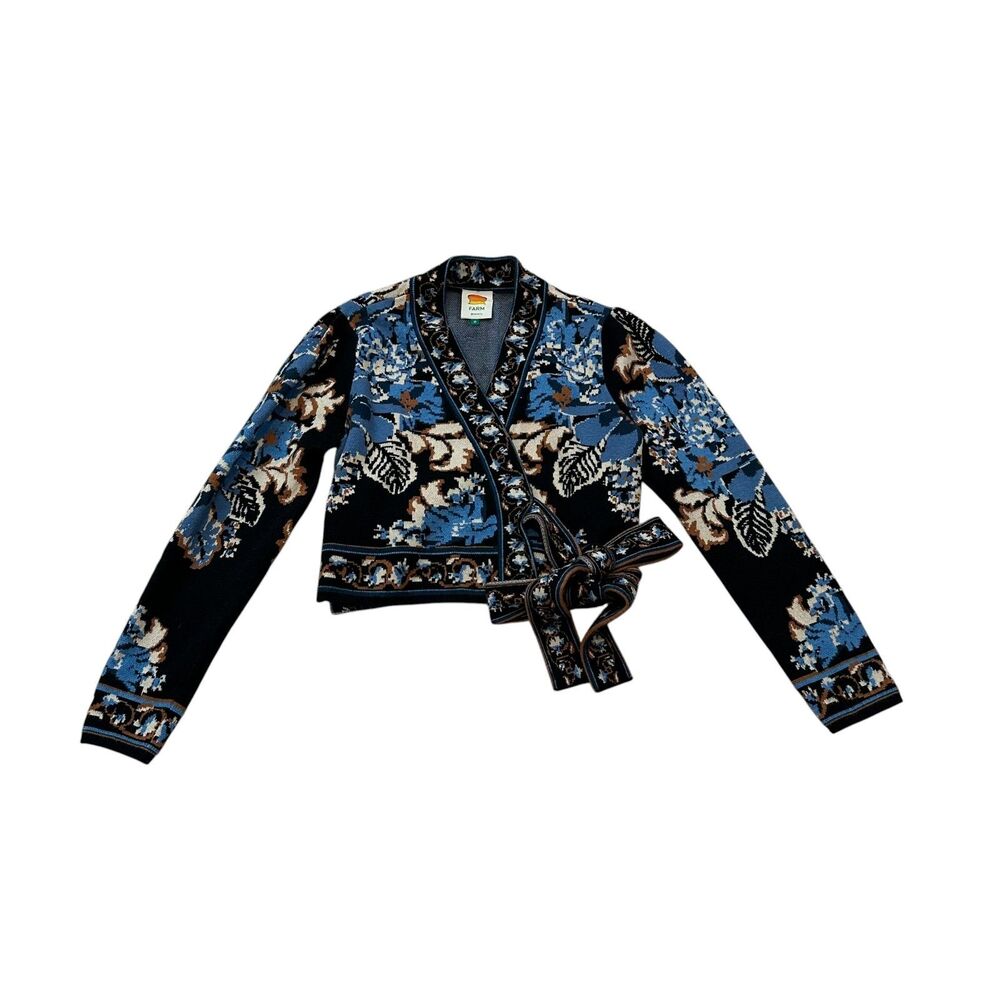 Farm Rio Black Blossom Tapestry Knit Wrap Blouse Size M